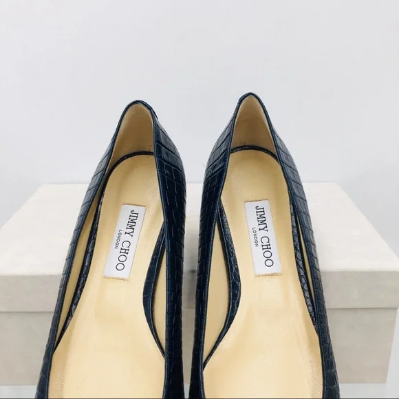 Jimmy Choo Mirele Flat Navy Croc Embossed Leather Women's Shoes